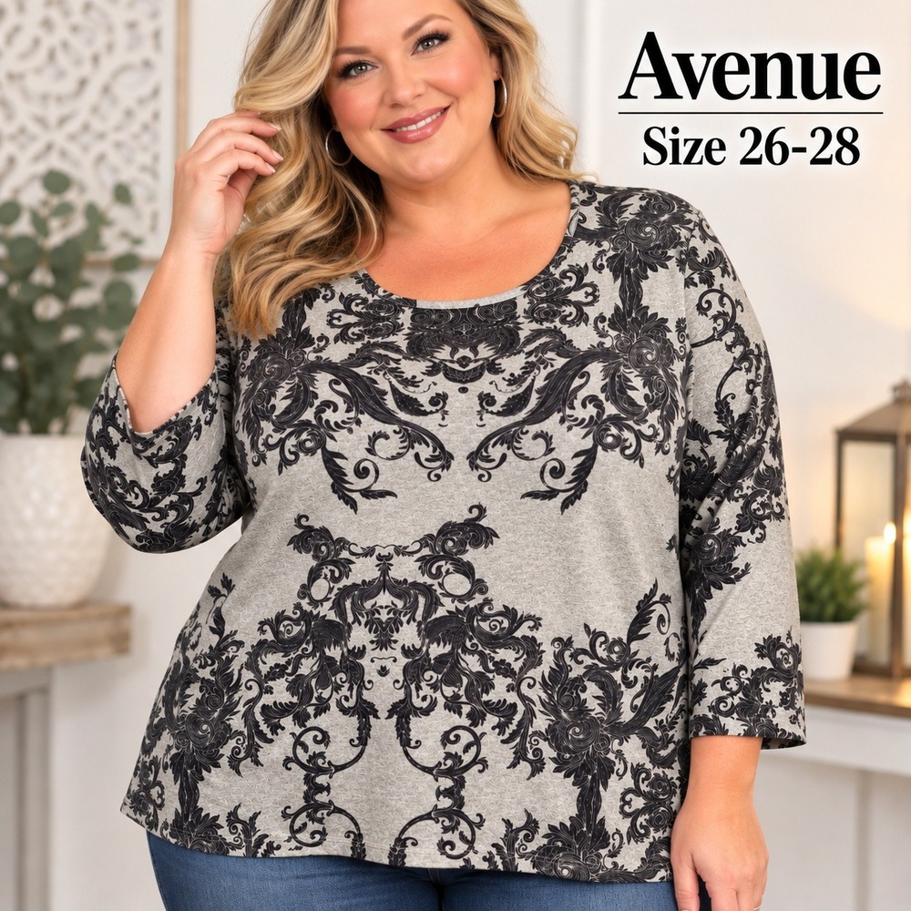 Avenue Grey Black Damask Scroll Print 3/4 Sleeve Scoop Neck Top Plus Size 26/28